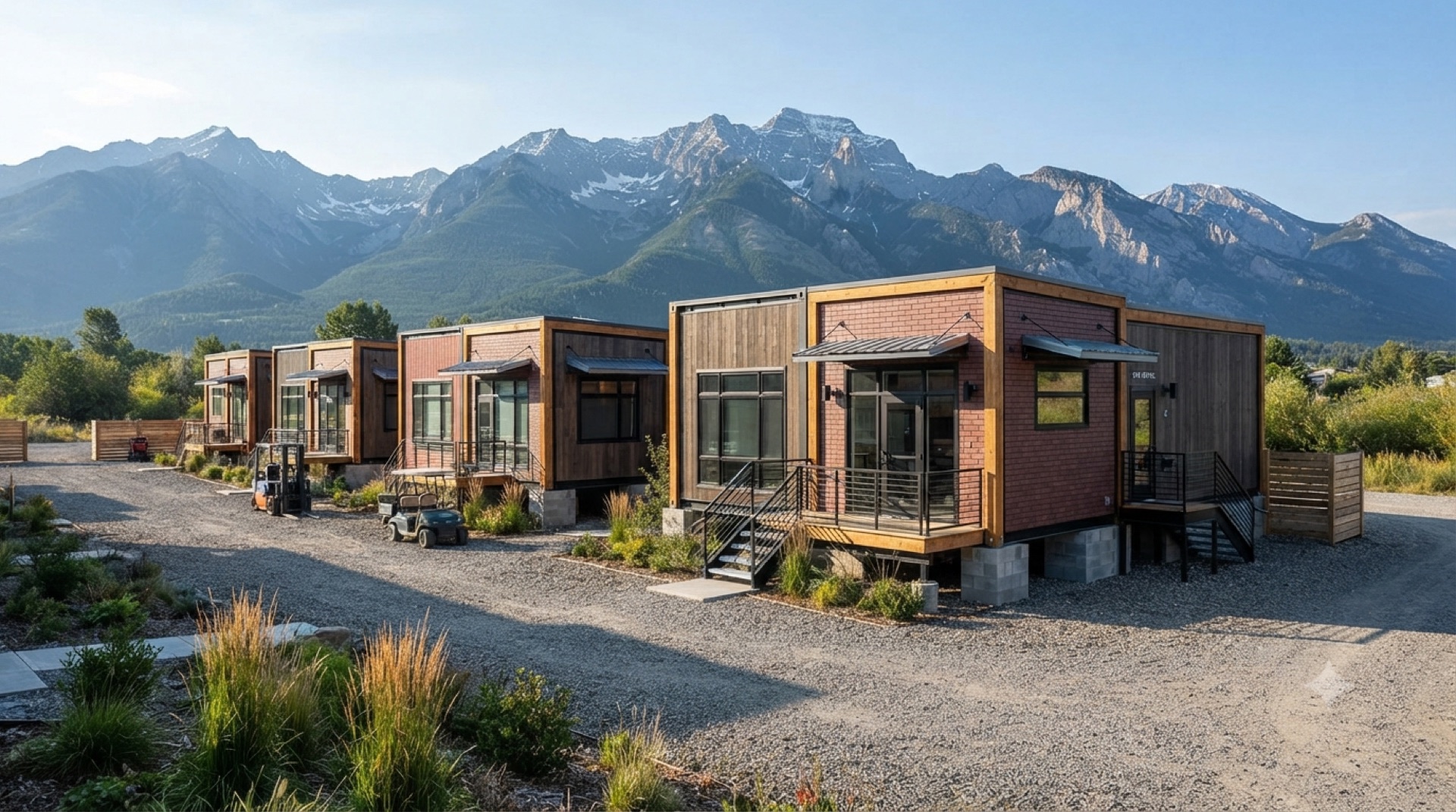 Prefab container houses clad in wood-grain and brick-pattern metal insulation panels
