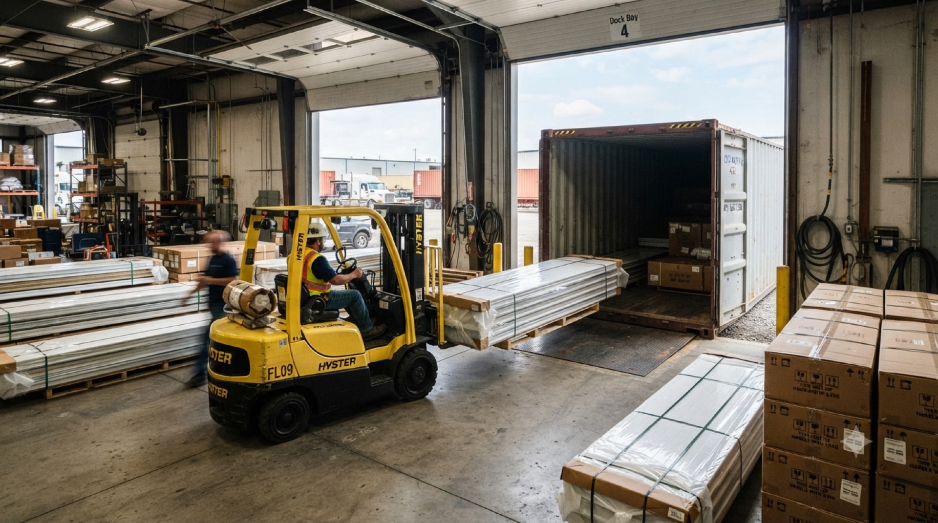 Forklift loading packed panel bundles into a 40 ft container