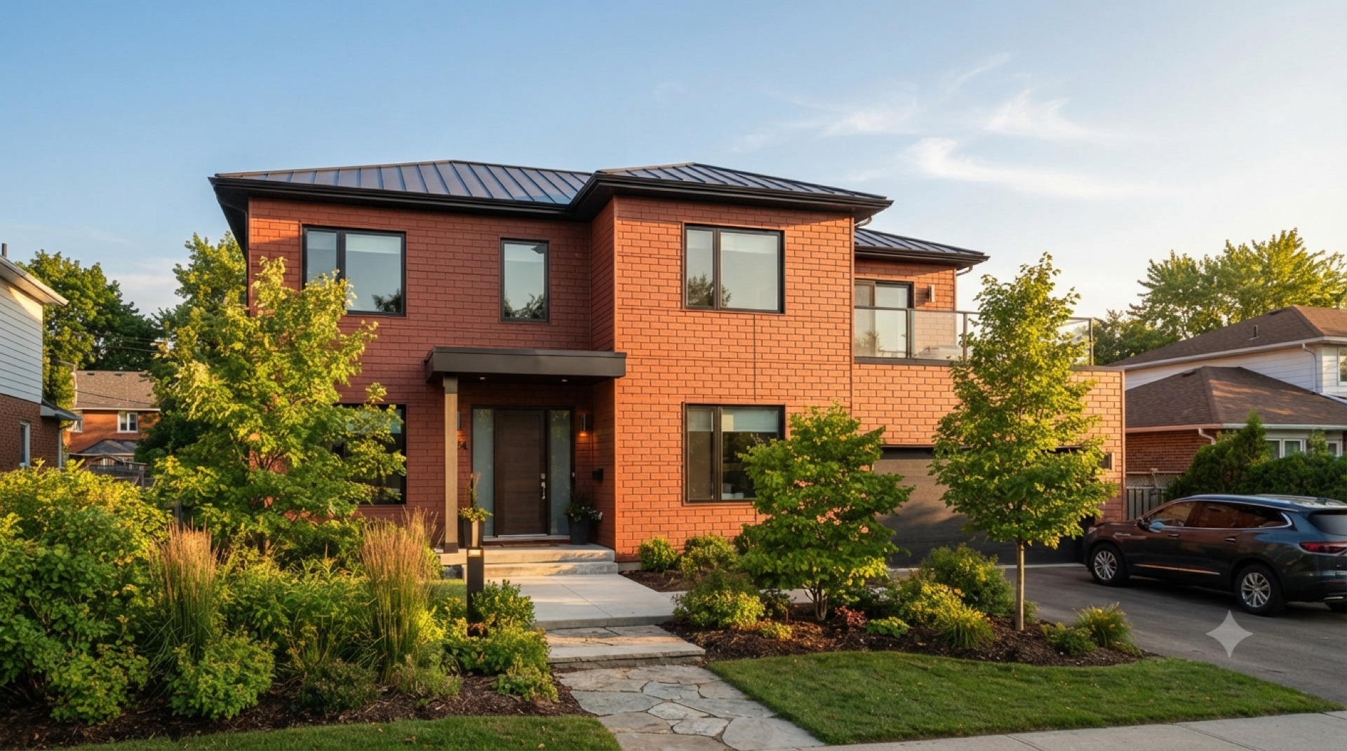 House exterior clad in terracotta brick-pattern metal carved insulation panels