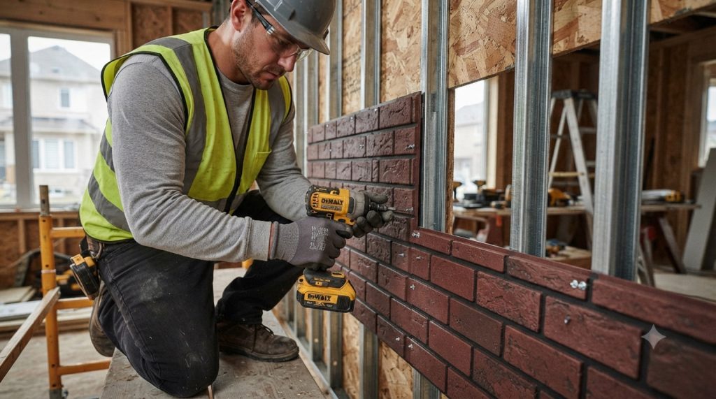 Worker fastening a brick-pattern insulation panel to wall furring