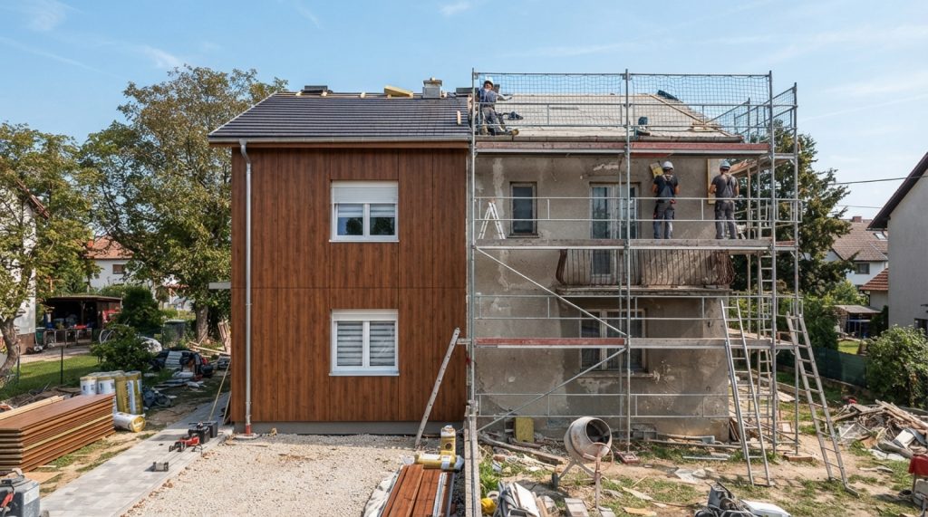 Old facade half renovated with new wood-grain insulation panels