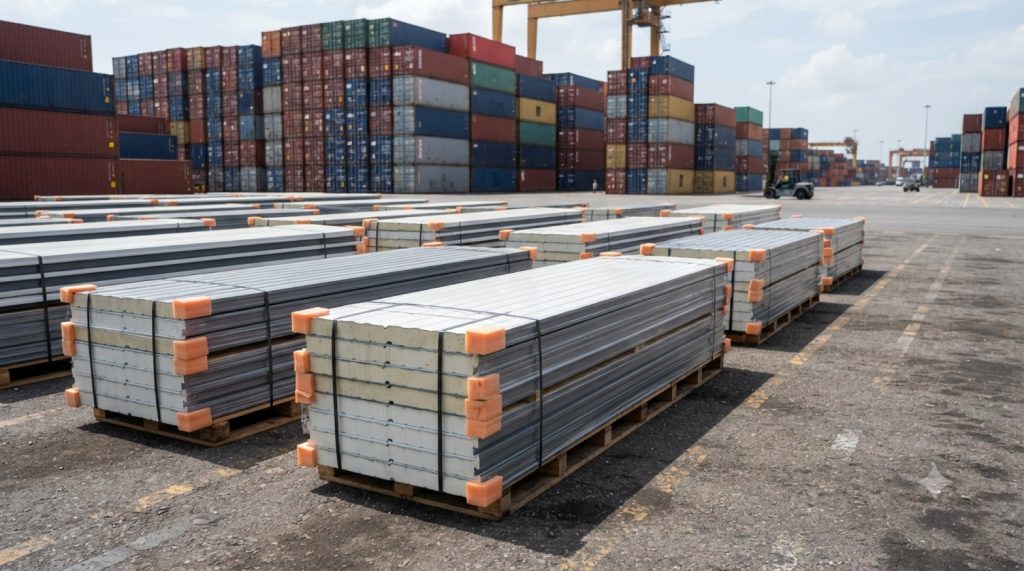 Packed panel bundles with corner protectors at the container yard
